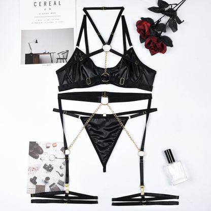 Damen-Unterwäsche, Set aus Leder und Spitze mit Kettendetails-1