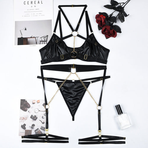 Damen-Unterwäsche, Set aus Leder und Spitze mit Kettendetails-1