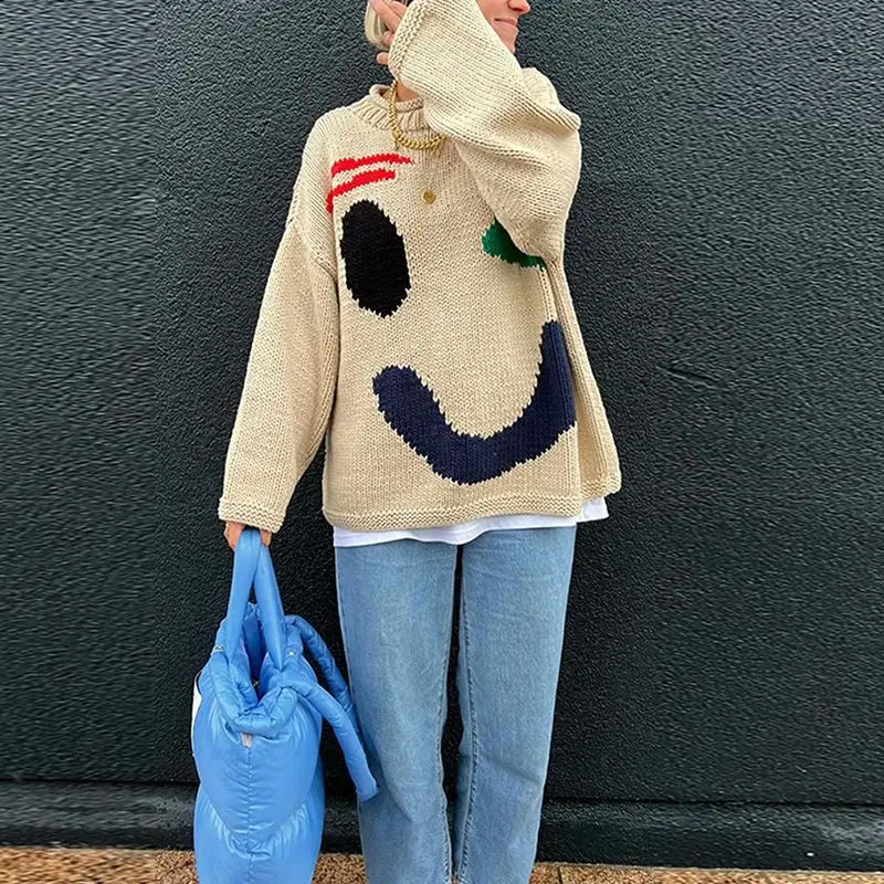 Damen-Strickpullover, oversized, boho, aus weichem Material, mit Smiley-Design-2