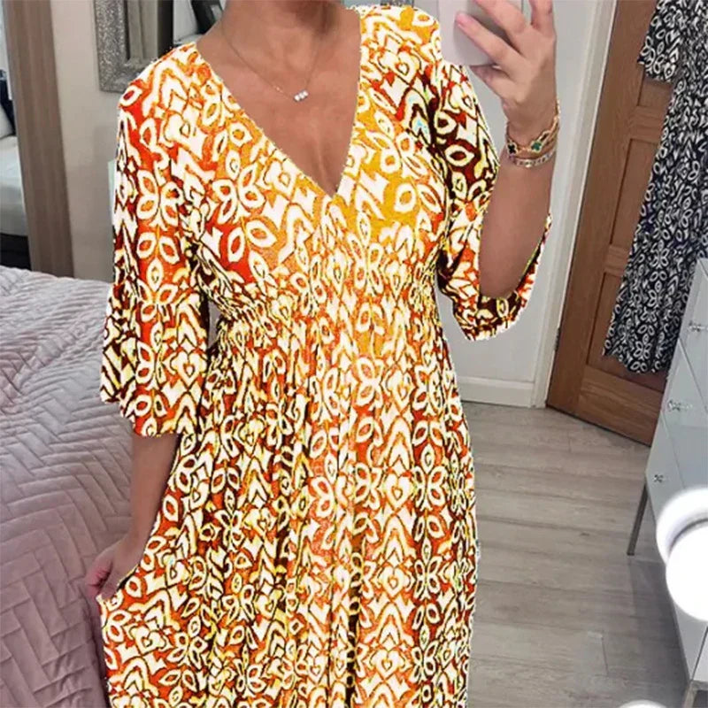 Variantenbild für Damen-Boho-Kleid mit V-Ausschnitt und 3/4-Ärmeln, aus 100% Baumwolle-1