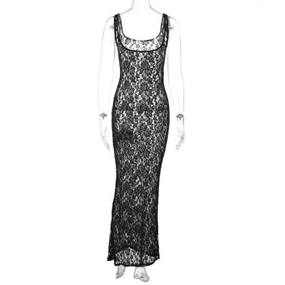 Damen-Maxikleid, Spaghettiträger, langes Polyester, eckiger Ausschnitt-5