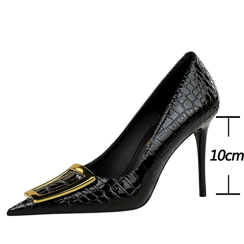 Damen-Stilettos, Krokodilprägung, PU-Leder, spitze Zehe-2