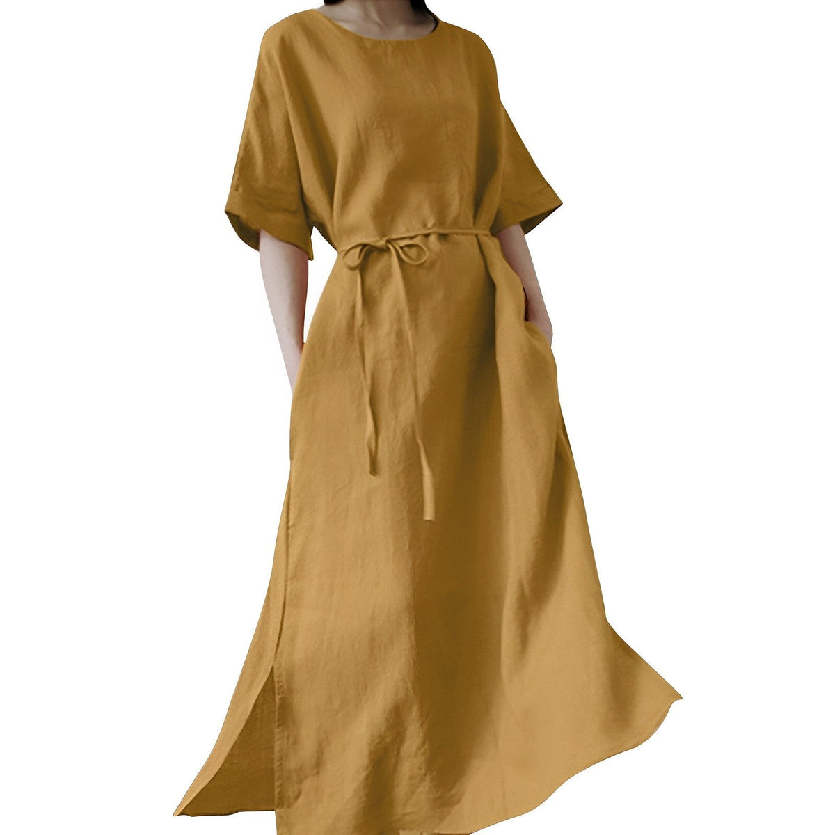 Damen-Maxikleid, Boho-Stil, Baumwolle, kurze Ärmel, Rundhals 5