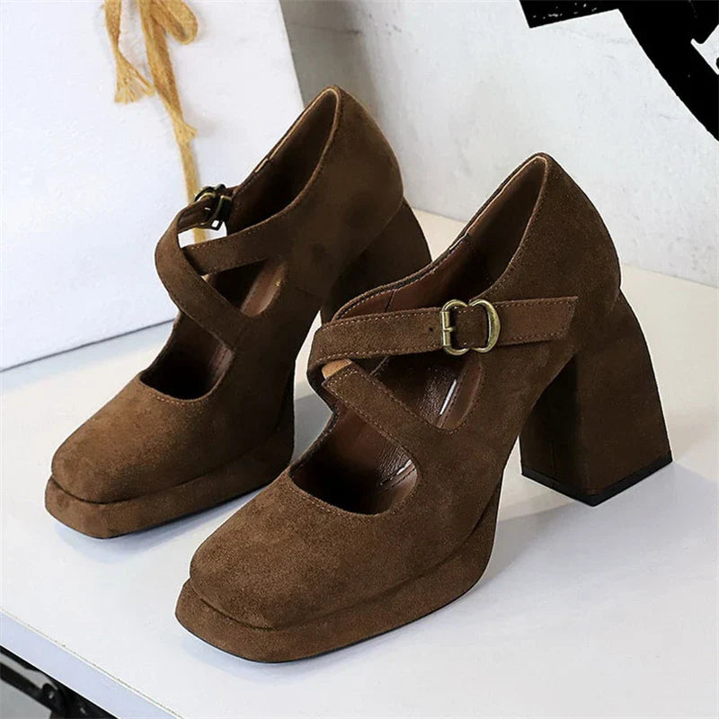 Damen Schuhe Mary Jane Eckige Zehenpartie Flockmaterial Trendiger Komfort-1