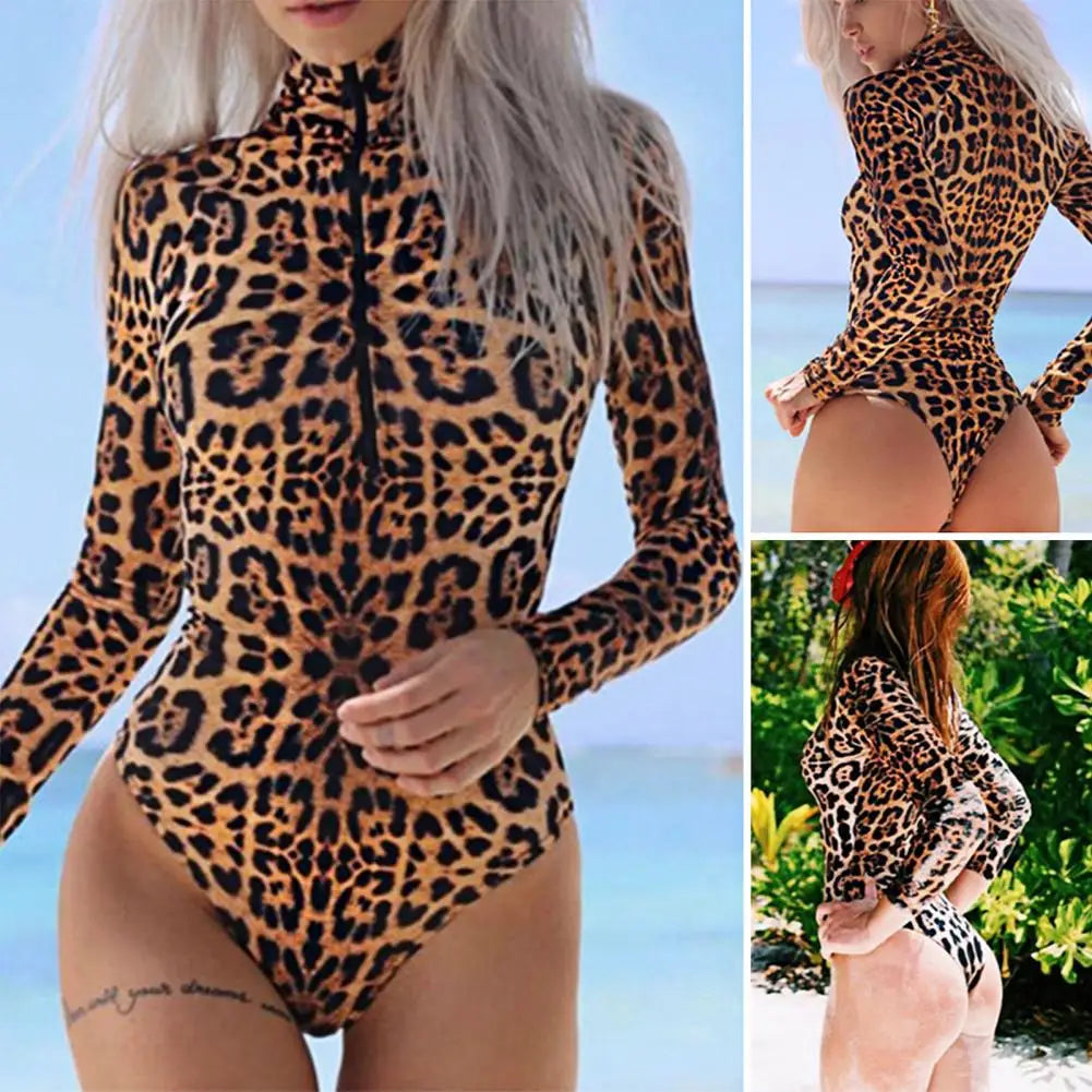 Damen-Badeanzug, sportliche Passform, Elasthan, Leopardenmuster-2