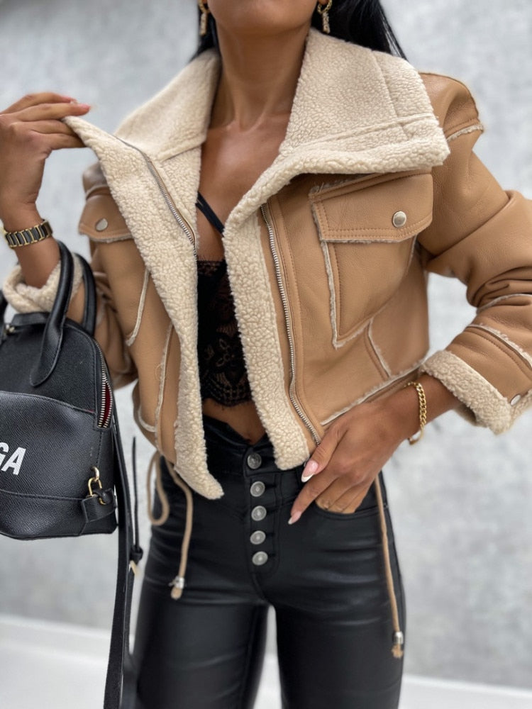 Variant image for Damen-Leder-Bikerjacke, Biker, Sherpa-Futter-7