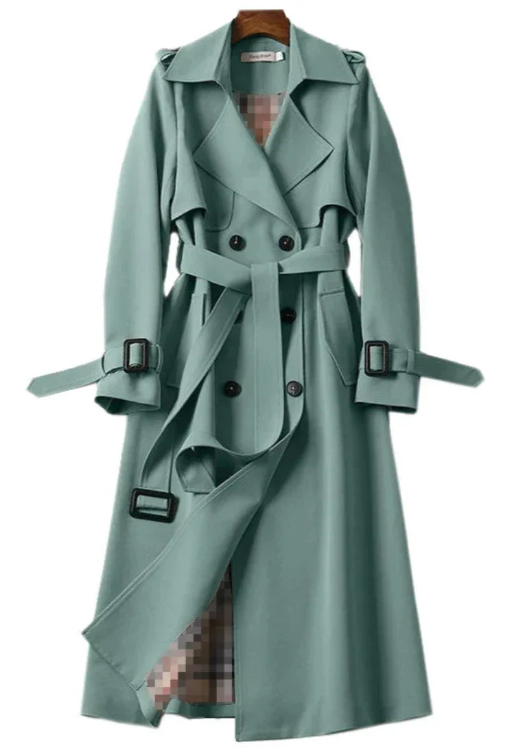 Damen-langer Mantel, doppelt, Reihe, Knöpfe, Polyester, mit Gürtel 8