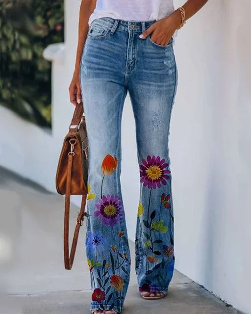 Ausgestellte Jeans für Damen mit mittlerer Leibhöhe und ausgefranstem Saum – Baumwollmischung, verspielte Silhouette, Mittelblau 6