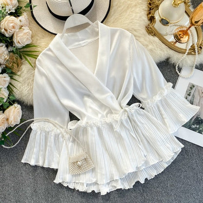 Variant image for Damen Chiffonbluse mit Rüschen V-Ausschnitt Lange Ärmel-2