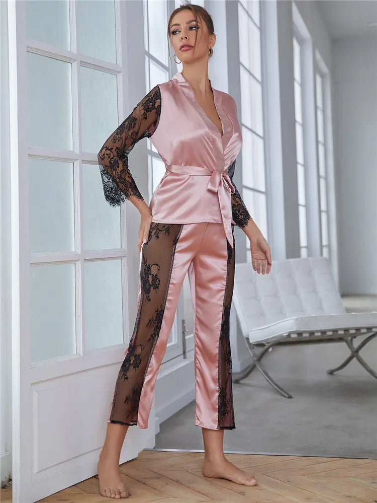 Damen-Pyjama-Set mit Spitzendetails und Patchwork-Muster aus Seide und Polyester-2