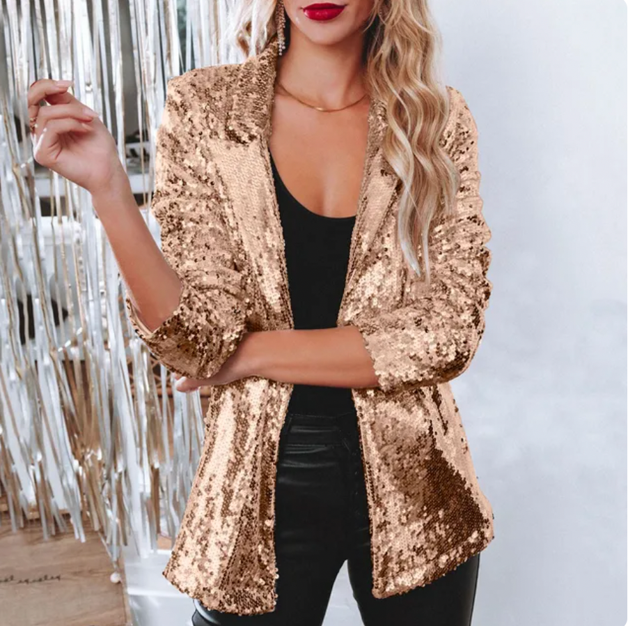 Damen-Glitzer-Blazer, eleganter Materialmix, Winter-5