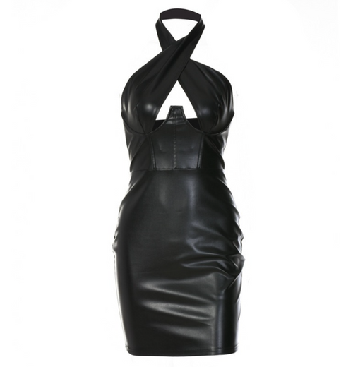 Damenkleid Mini mit Neckholder aus PU-Leder-1