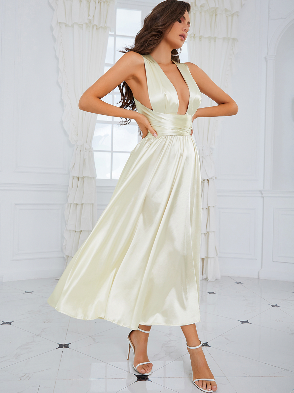Damen-Abendkleid, lang, tiefer Ausschnitt, fließendes Material 6