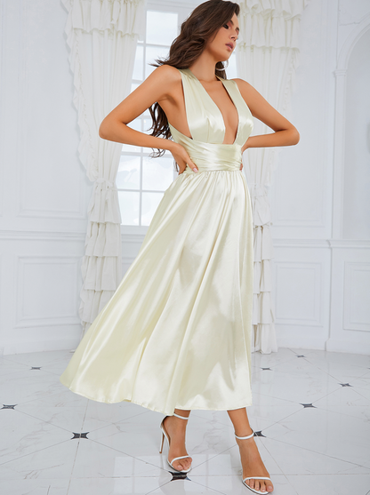 Damen-Abendkleid, lang, tiefer Ausschnitt, fließendes Material 6