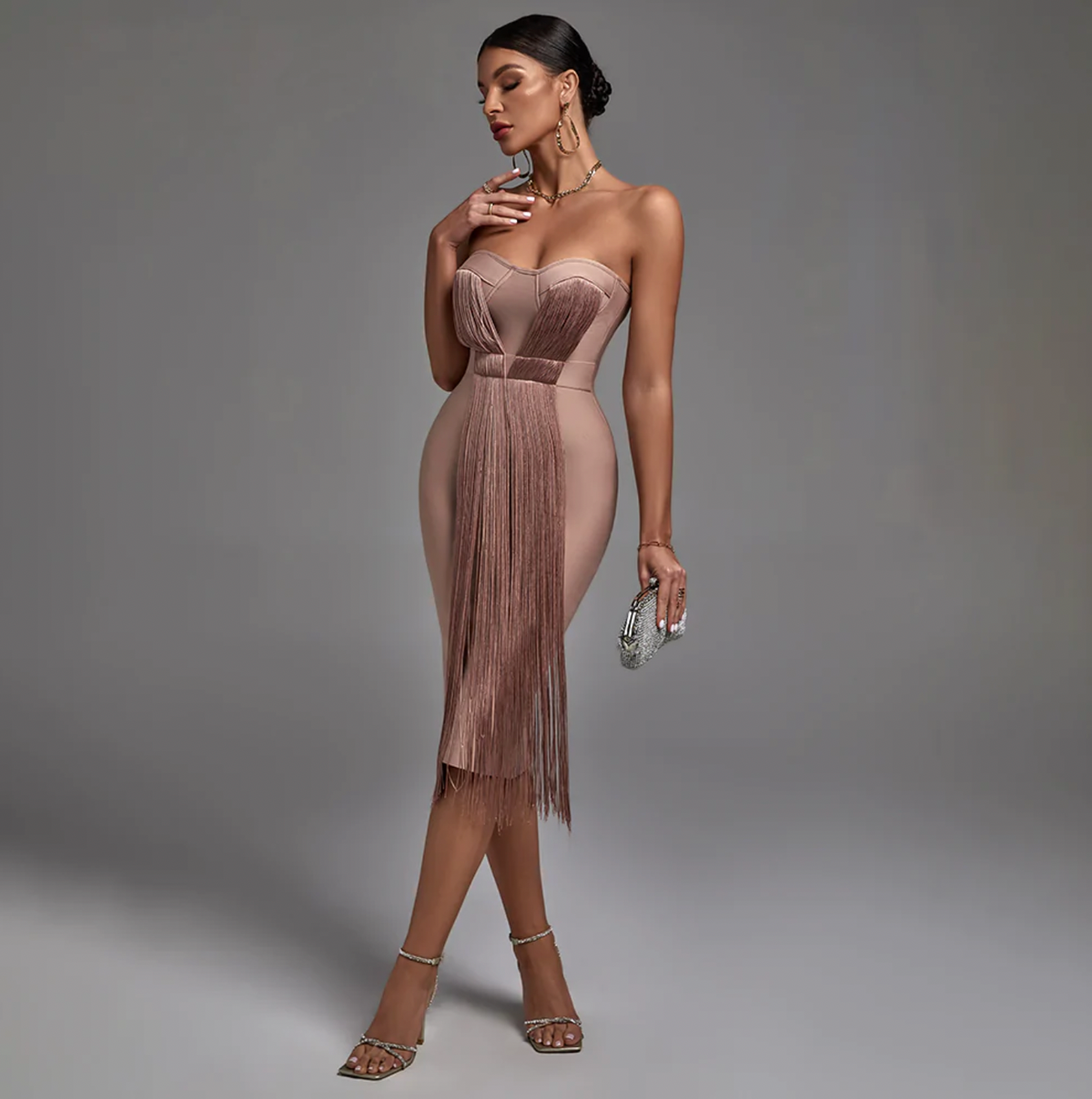 Damen Bandage-Kleid Eng Elastisch mit Fransen und Quasten 1