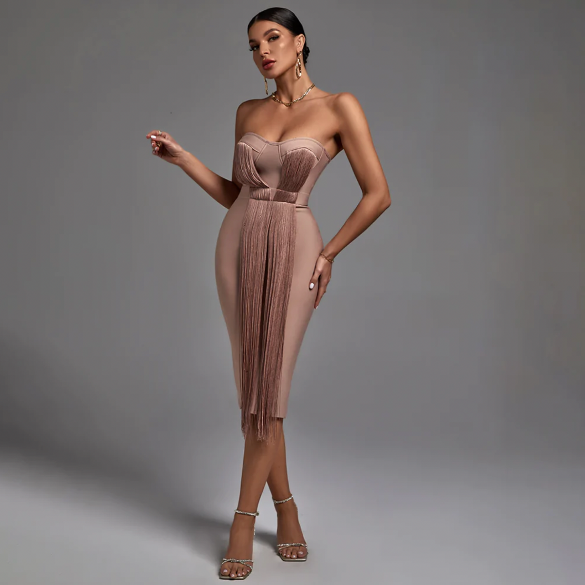Damen Bandage-Kleid Eng Elastisch mit Fransen und Quasten 3