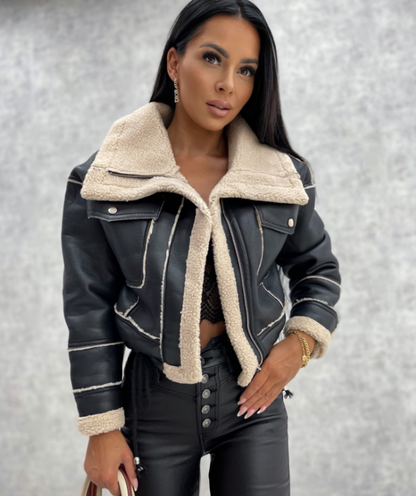 Variant image for Damen-Leder-Bikerjacke, Biker, Sherpa-Futter-1