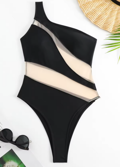 Damen Badeanzug Asymmetrisch Transparentes Shaping Nylon Spandex 3