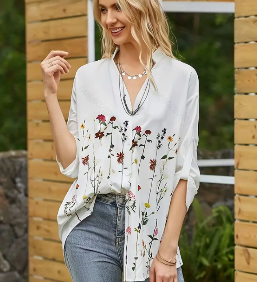 Damen Bluse Lockerer Stil Blumenmuster Polyester-1