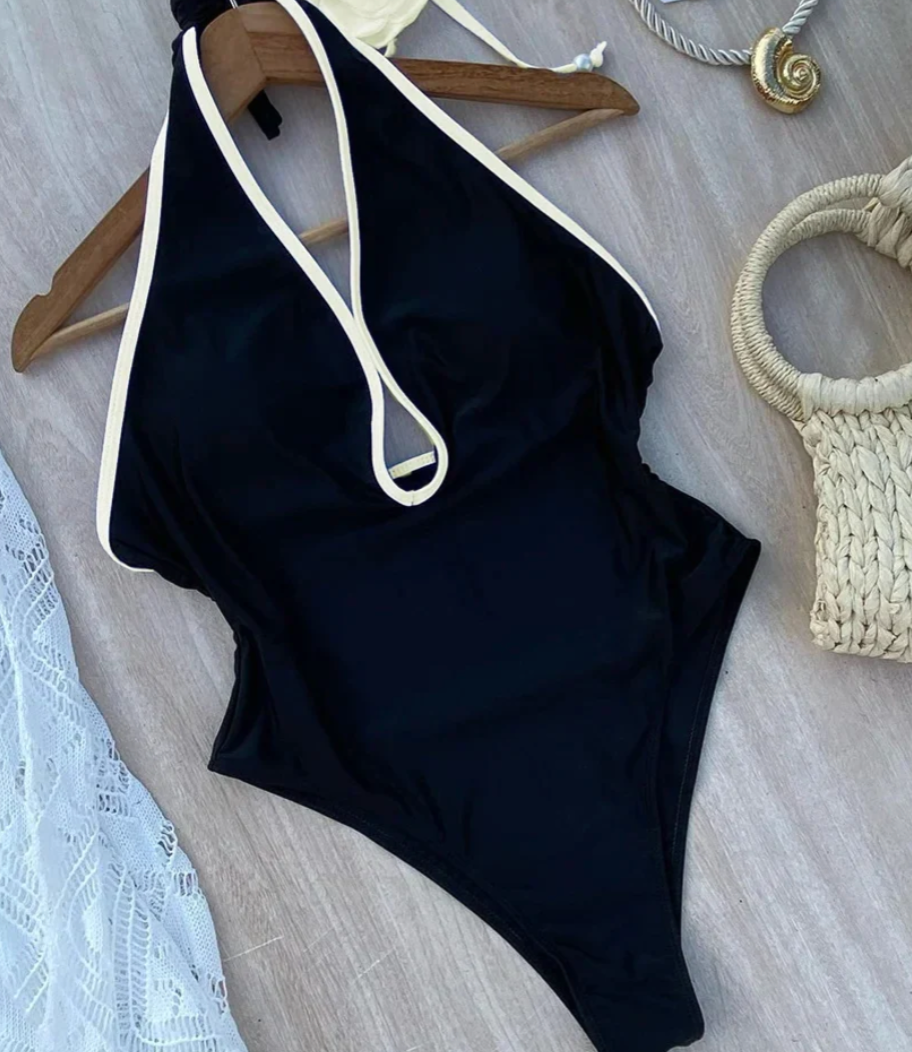 Badeanzug Damen Geblümtes Design mit weißem Rand Nylon Elasthan-4