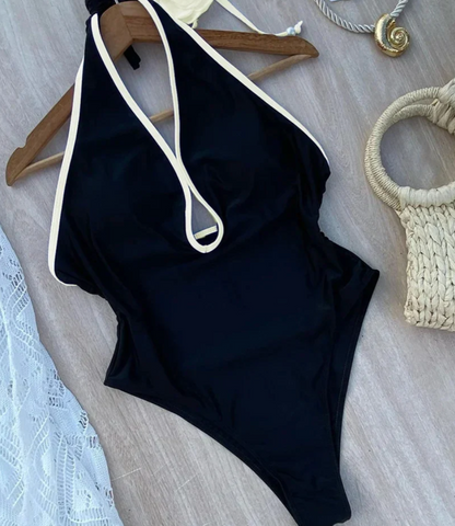 Badeanzug Damen Geblümtes Design mit weißem Rand Nylon Elasthan-4