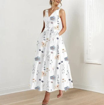 Variant image for Damen-Maxikleid, Blumenmuster, A-Linie, V-Ausschnitt, hochwertiger Stoff-1