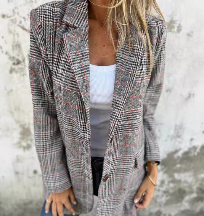 Damen-Mantel, lässiger Stil, Karo, Muster, nachhaltiger Stoff-2