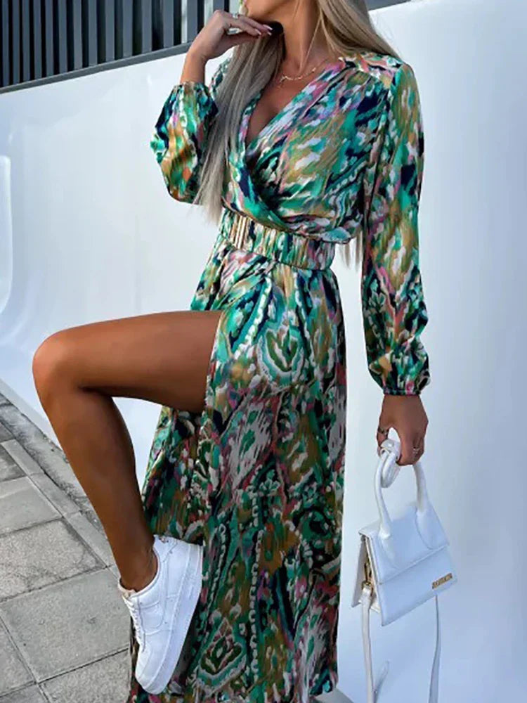 Variant image for Damen-langes Kleid, Blumenmuster, hoher Schlitz, hochwertiger Stoff-11