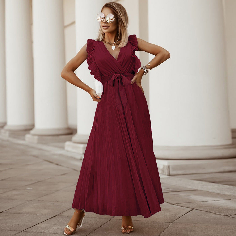 Damen-Kleid, V-Ausschnitt, kurze Ärmel, hochwertiger Stoff-2