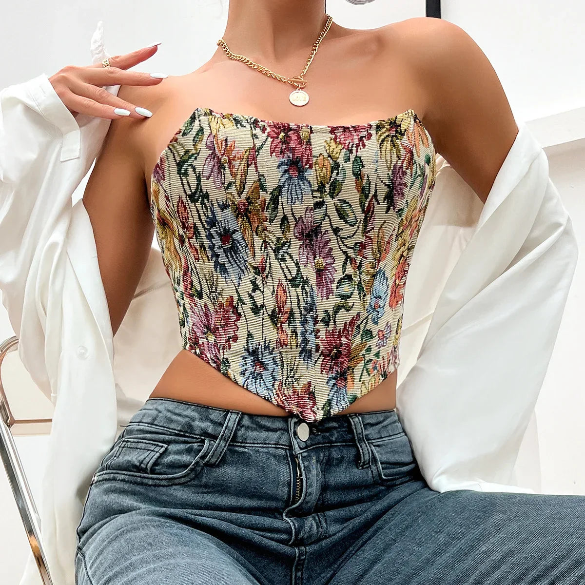 Damen-Bustier-Top, geblümtes Vintage, Polyester, Spandex 8