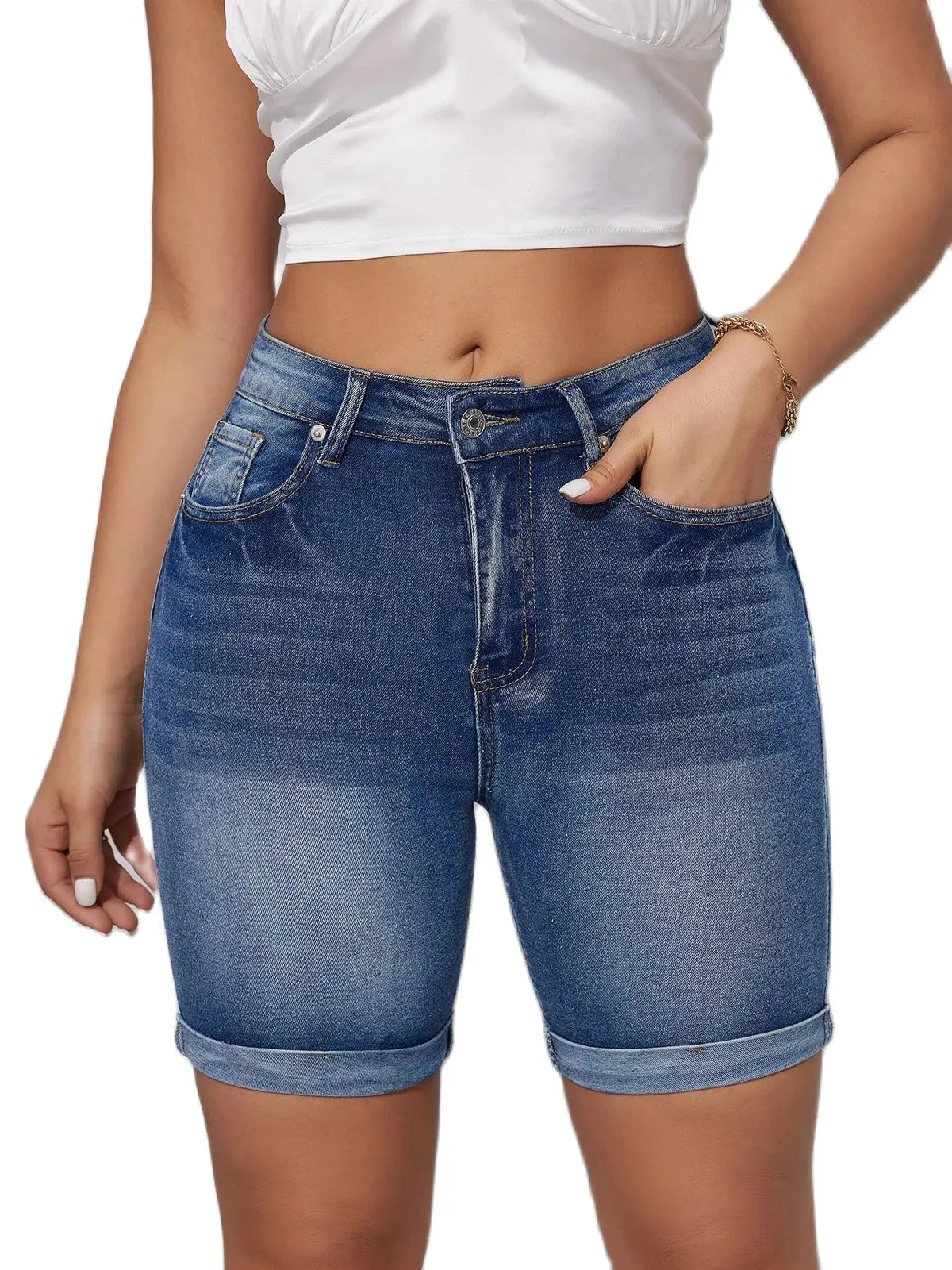 Damen-Jeansshorts, elastische Taille, komfortabel-3