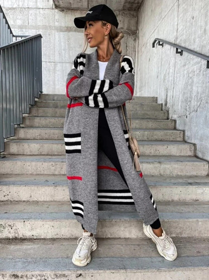 Variant image for Damen-Strickjacke, lang, gestrickt, gestreift, weiche Qualität-11