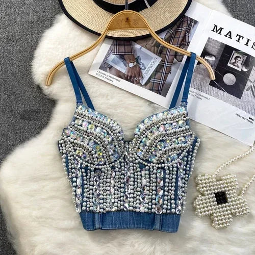Damen-Crop-Top, monochromer Denim, mit Perlenverzierung-1