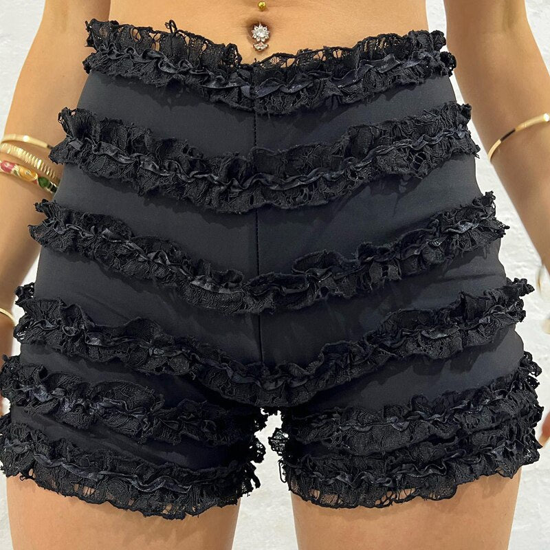 Damen-Shorts, hohe Taille mit Rüschen aus Polyester-3