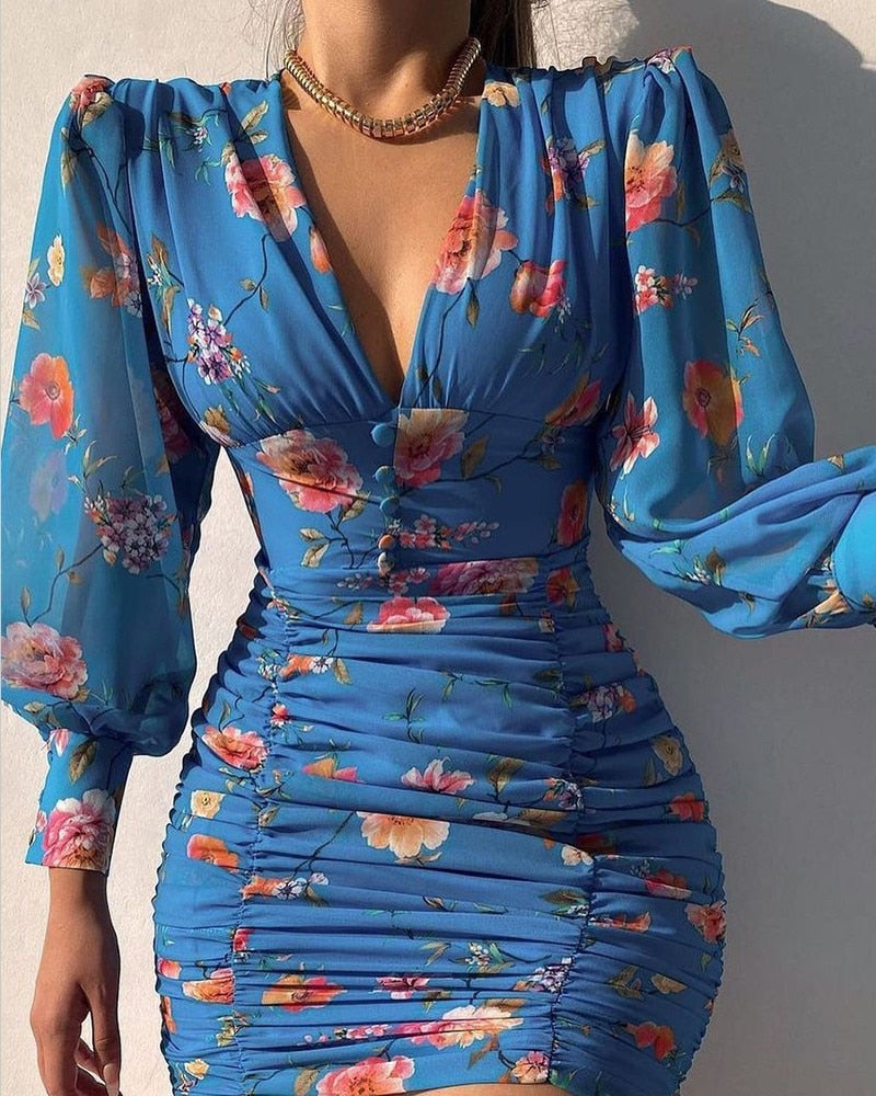 Damenkleid Abstrakter Print Geraffter Saum Polyester-3
