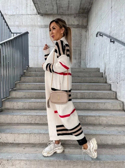 Damen-Strickjacke, lang, gestrickt, gestreift, weiche Qualität-5