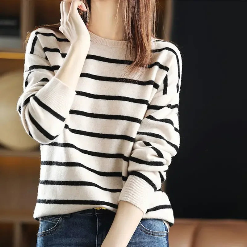Damen-Strickpullover, gestreifte weiche Baumwollmischung-1