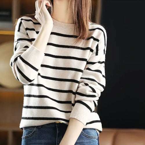 Damen-Strickpullover, gestreifte weiche Baumwollmischung-1