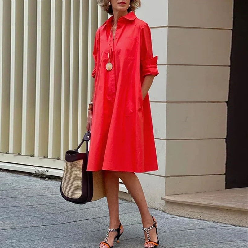 Damen-Midi-Kleid, A-Linie, Polyester, mit Umlegbarer Kragen-2