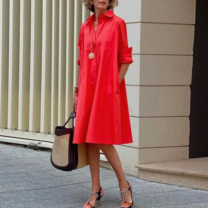 Damen-Midi-Kleid, A-Linie, Polyester, mit Umlegbarer Kragen-2