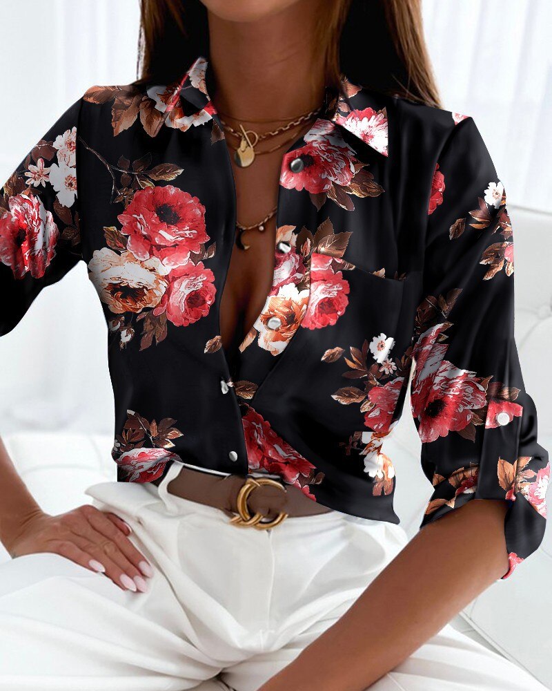 Bluse Damen Langarm Trendiger Druck Polyester-1