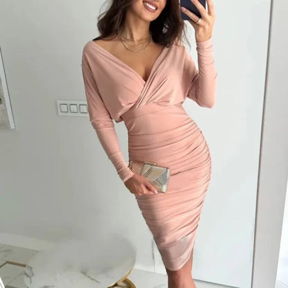 Damen-Kleid, langärmelig, V-Ausschnitt, Polyester, elegant-1