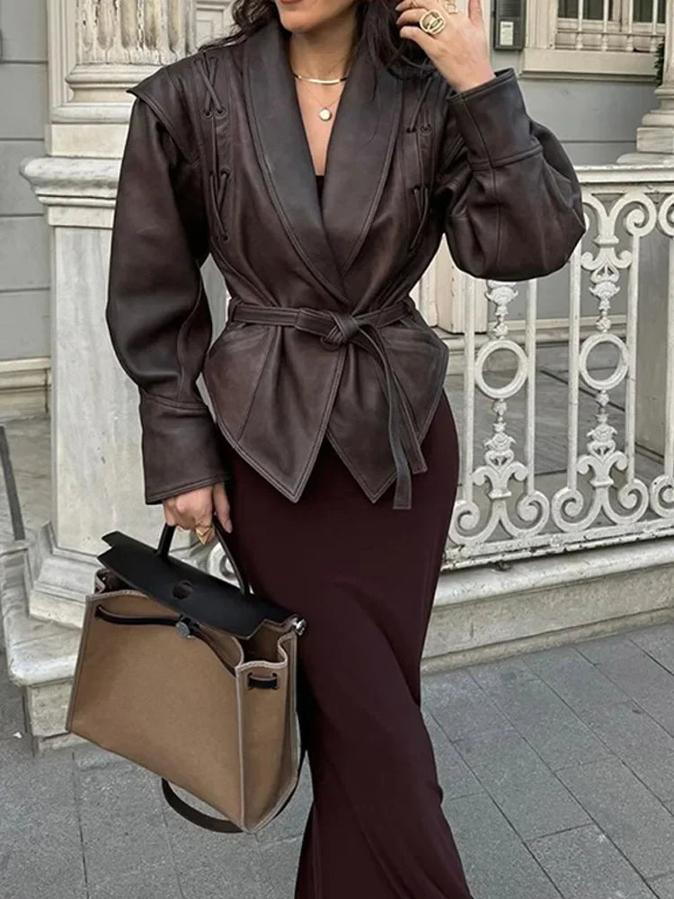 Damen-Ledermantel, modernes Design mit Schnürung, hochwertiges Leder 7