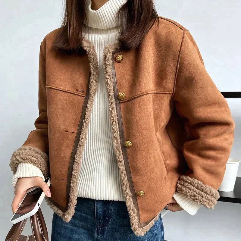 Damenmantel im königlichen Stil – orange Chenille und Spandex, runder Ausschnitt, normale Passform für Herbst und Winter 5