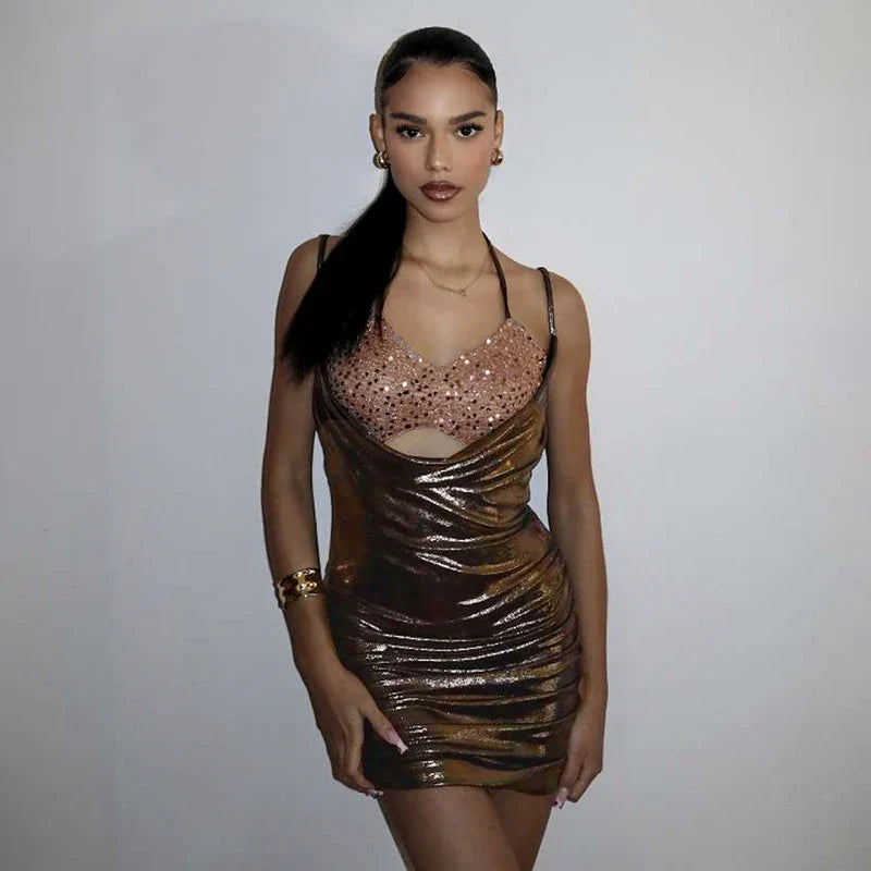 Damen-Minikleid, glitzernd, Halterneck, mit Pailletten, enge Passform-3