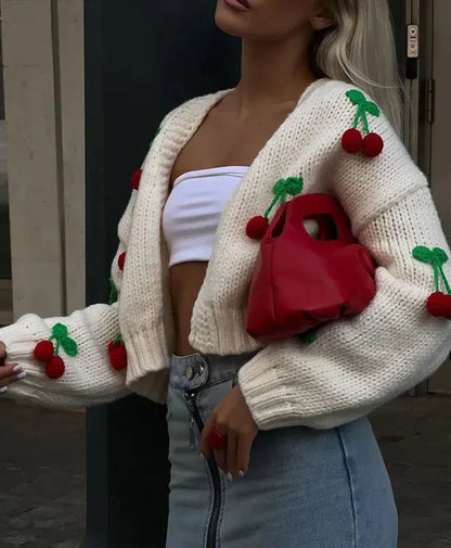 Damen-Strickjacke, mit Kirschmotiv, in weich, atmungsaktives Strickmaterial-1