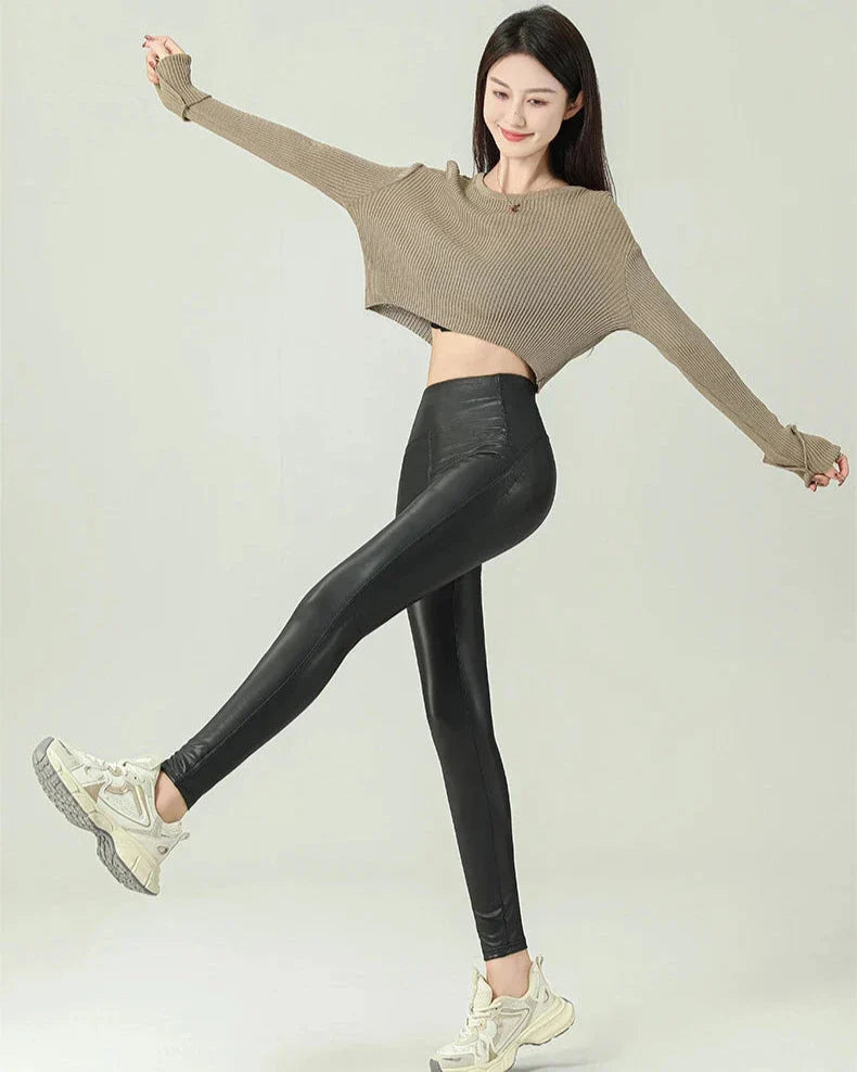 Damen-Leggings, hohe Taille, knöchellanges Polyester, Synthetikleder-4