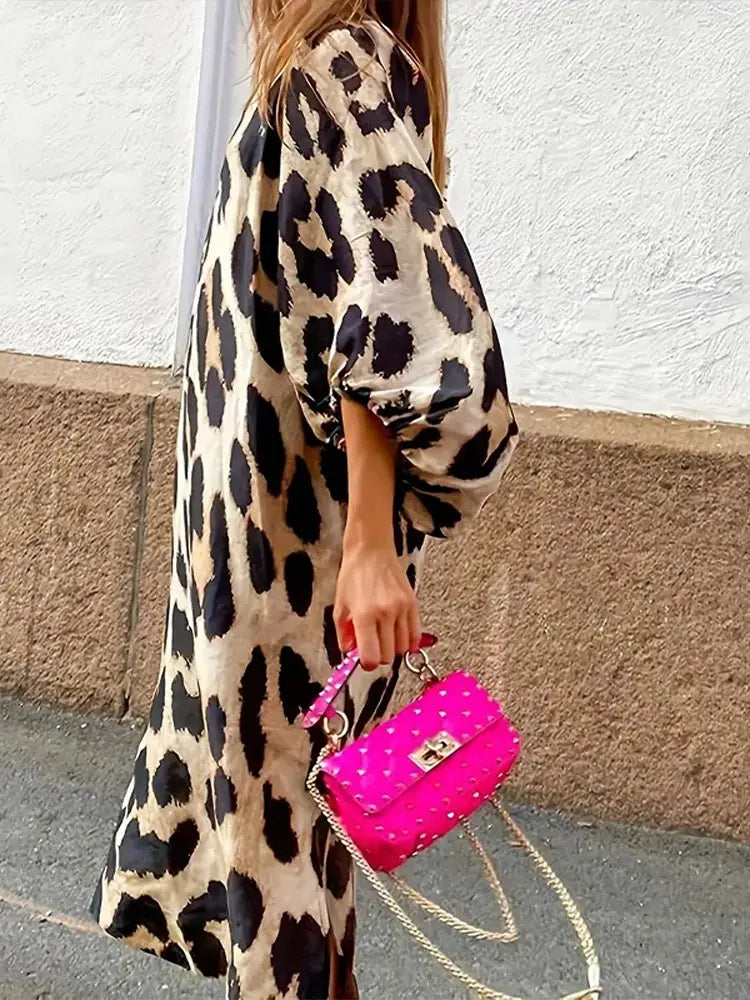 Damen-Kleid, Leopardenmuster, Drei, Viertel, Ärmel, lockerer Schnitt, luftig, Stoff-2