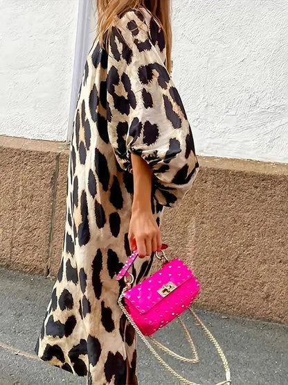 Damen-Kleid, Leopardenmuster, Drei, Viertel, Ärmel, lockerer Schnitt, luftig, Stoff-2