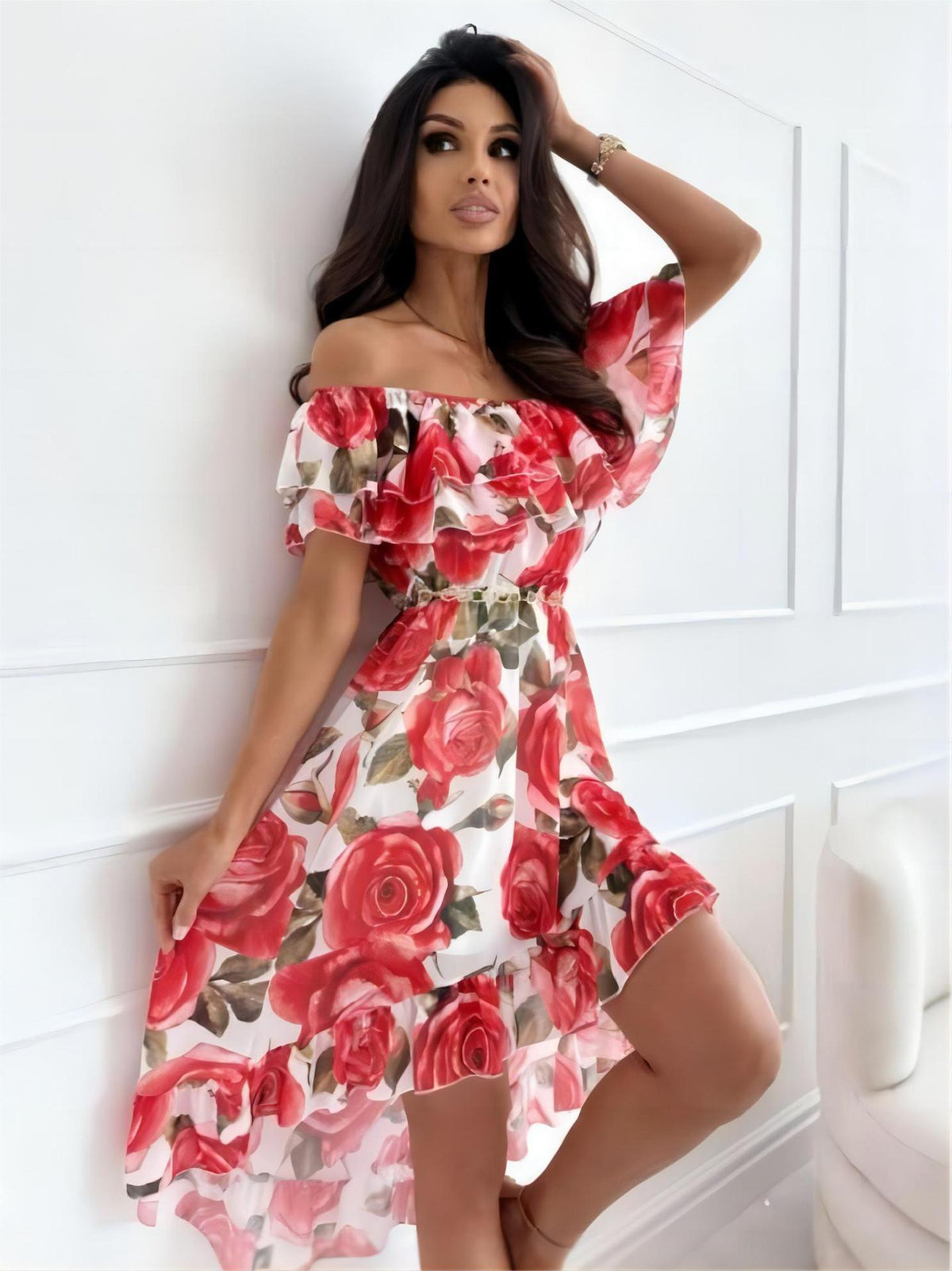 Damen-Minikleid, schulterfrei, Polyester, mit elastischer Taille-3